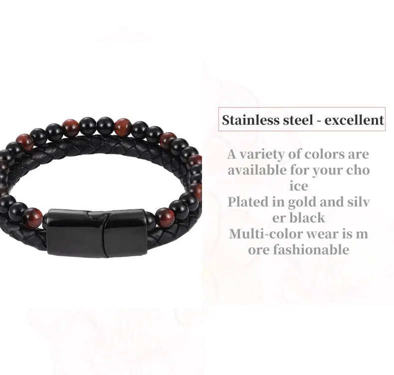 Men's Magnetic Volcanic Stone & Leather Charm Bracelet – Stainless Steel Beaded Bangle