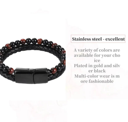 Men's Magnetic Volcanic Stone & Leather Charm Bracelet – Stainless Steel Beaded Bangle