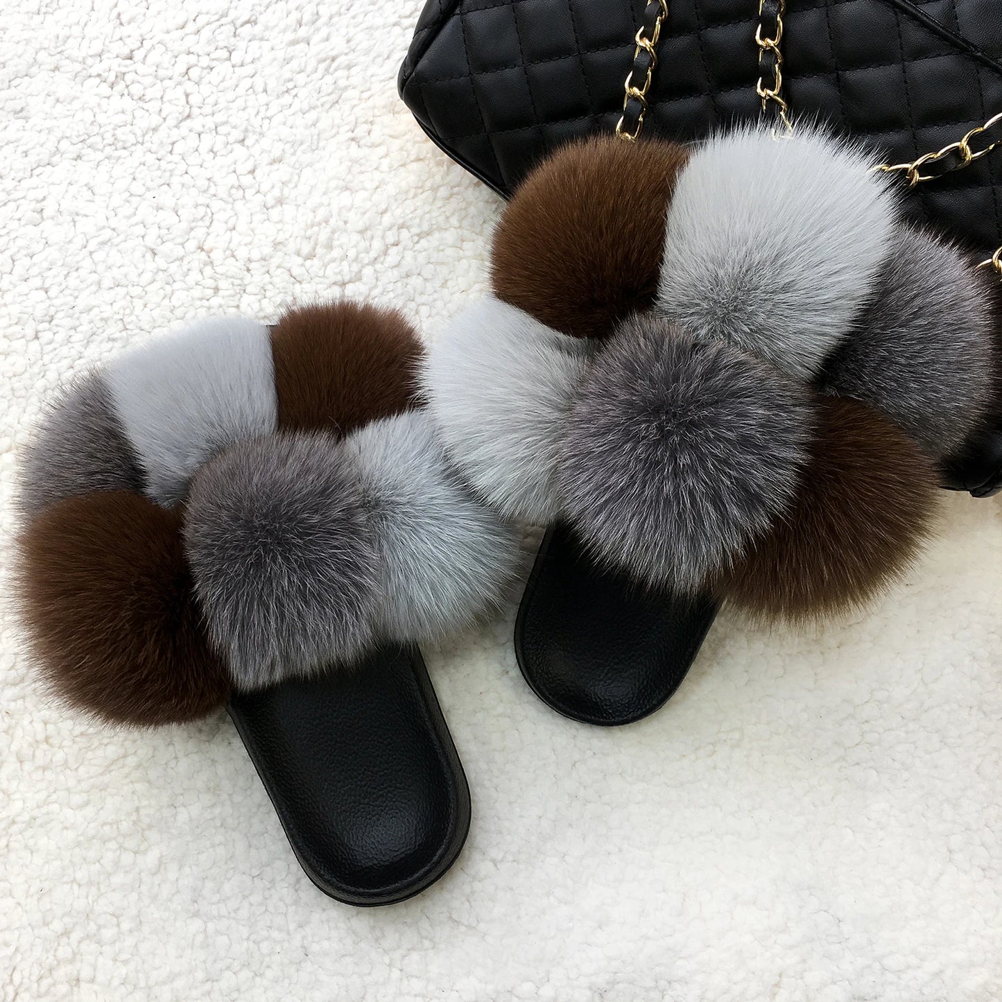 Women's Real Fox Raccoon Fur Slippers - Fluffy Pom Pom Slides Beach Sandals