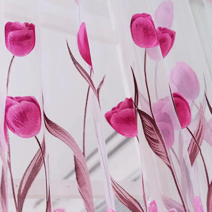 Romantic Tulip Print Voile Sheer Curtains - Window Drape Divider for Living Room & Bedroom - Shello's Creative Boutique
