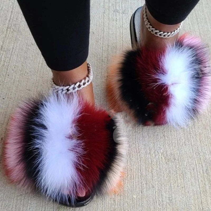 Women's Luxury Fluffy Fur Slippers - Indoor Warm Plush Flip Flops