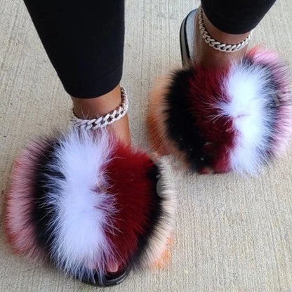 Women's Luxury Fluffy Fur Slippers - Indoor Warm Plush Flip Flops