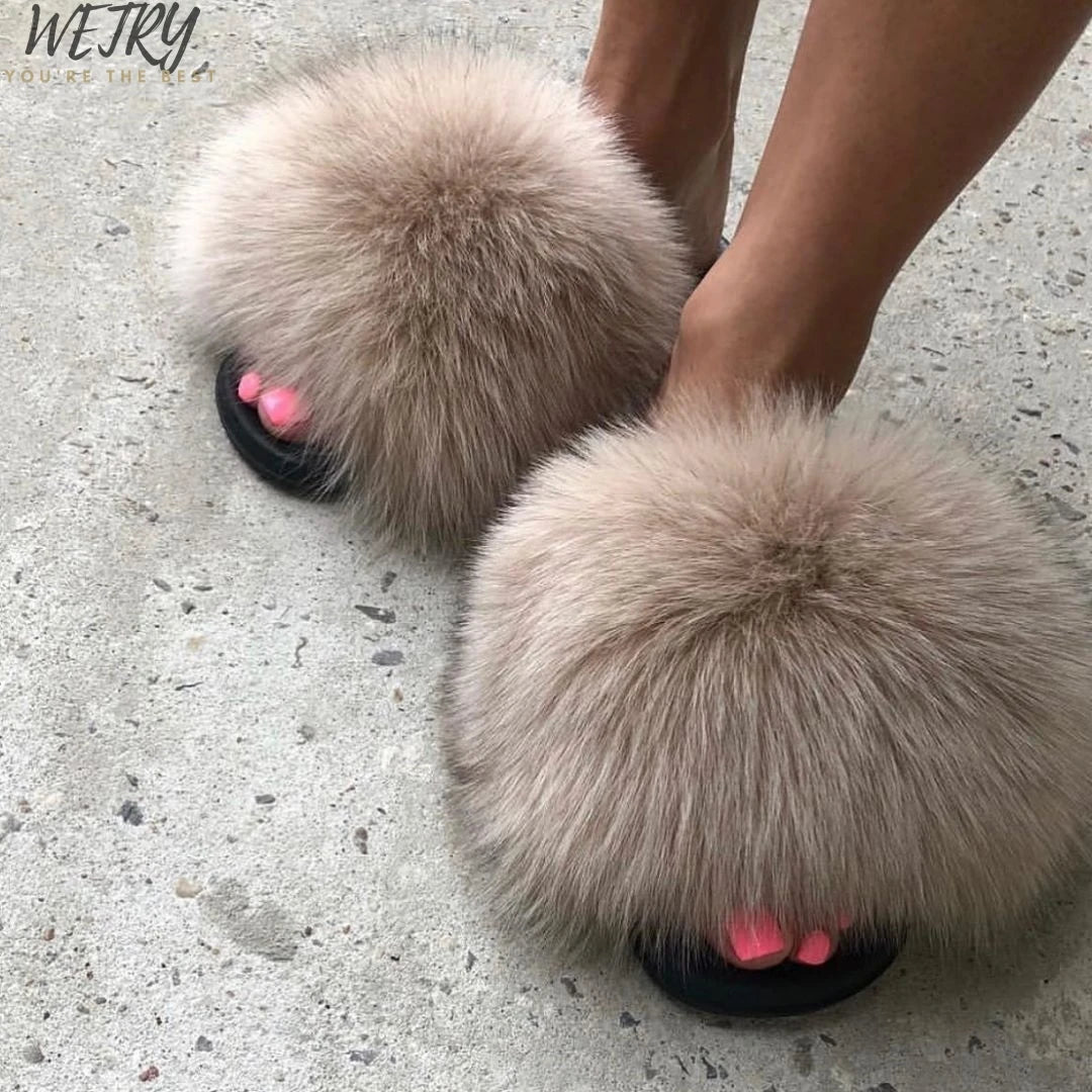 Women's Winter Fox Fur Slippers - Luxury Indoor Fluffy Slides