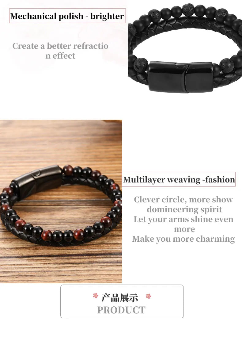Men's Magnetic Volcanic Stone & Leather Charm Bracelet – Stainless Steel Beaded Bangle