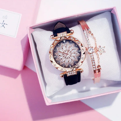 Women Starry Sky Watch Luxury Rose Gold Diamond Watches Ladies Casual Leather Band Quartz Wristwatch Female Clock zegarek damski - Shello's Creative Boutique
