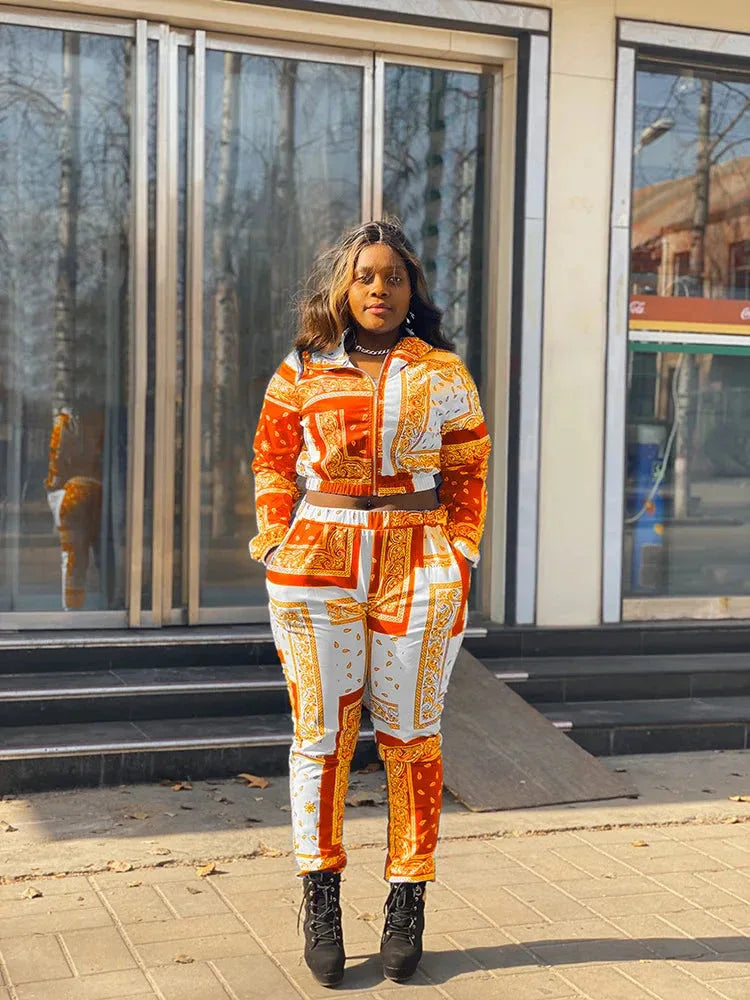 Women's Paisley Bandana Print Tracksuit - 2-Piece Zip-Up Sweatshirt & Jogger Set - Shello's Creative Boutique