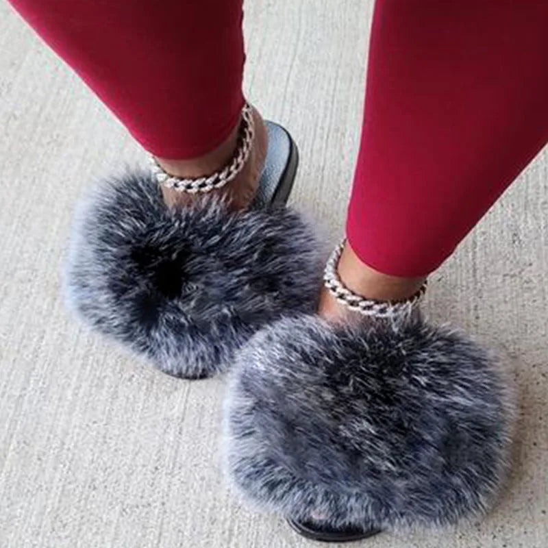 Women's Winter Fox Fur Slippers - Luxury Indoor Fluffy Slides