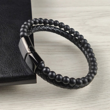Men's Magnetic Volcanic Stone & Leather Charm Bracelet – Stainless Steel Beaded Bangle