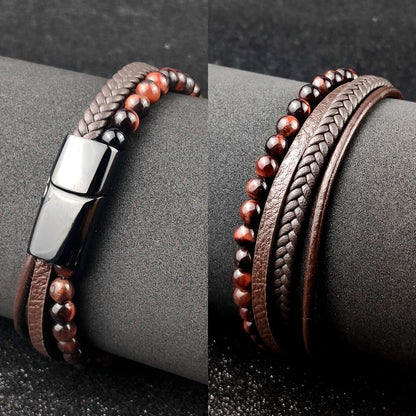 Men's Magnetic Volcanic Stone & Leather Charm Bracelet – Stainless Steel Beaded Bangle