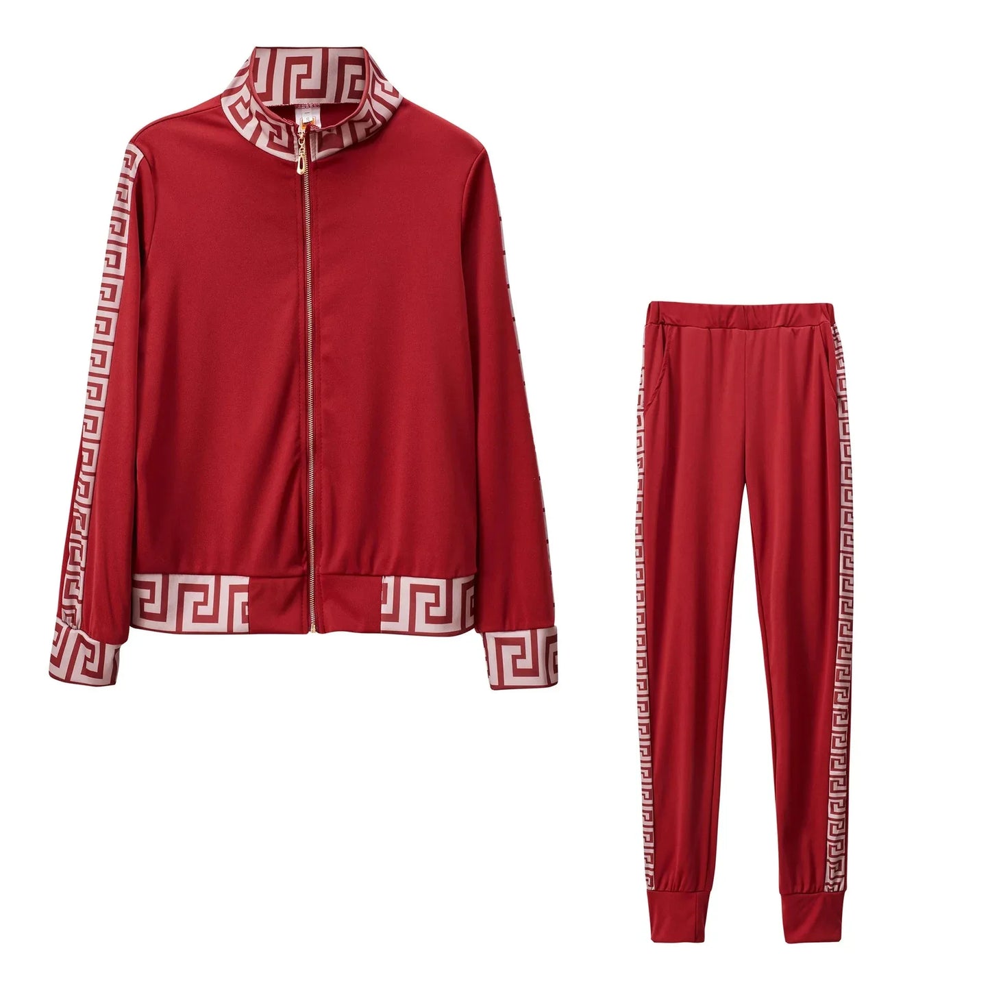Y2K Greek Fret Print Tracksuit - Elegant 2-Piece Coat & Jogger Set (Plus Size Available) - Shello's Creative Boutique