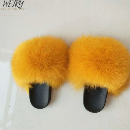 Women's Winter Fox Fur Slippers - Luxury Indoor Fluffy Slides