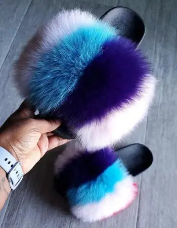 Women's Luxury Fluffy Fur Slippers - Indoor Warm Plush Flip Flops
