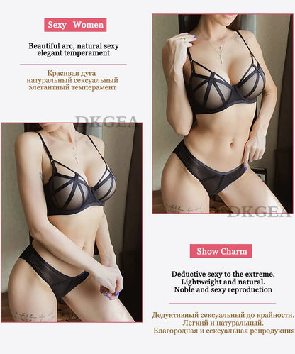 DKGEA Black Bandage Push-Up Bra & Brief Set – Sexy Deep V Floral Embroidered Lingerie for Women (B–D Cup, Sizes 70–95)