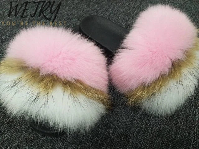 Women's Winter Fox Fur Slippers - Luxury Indoor Fluffy Slides