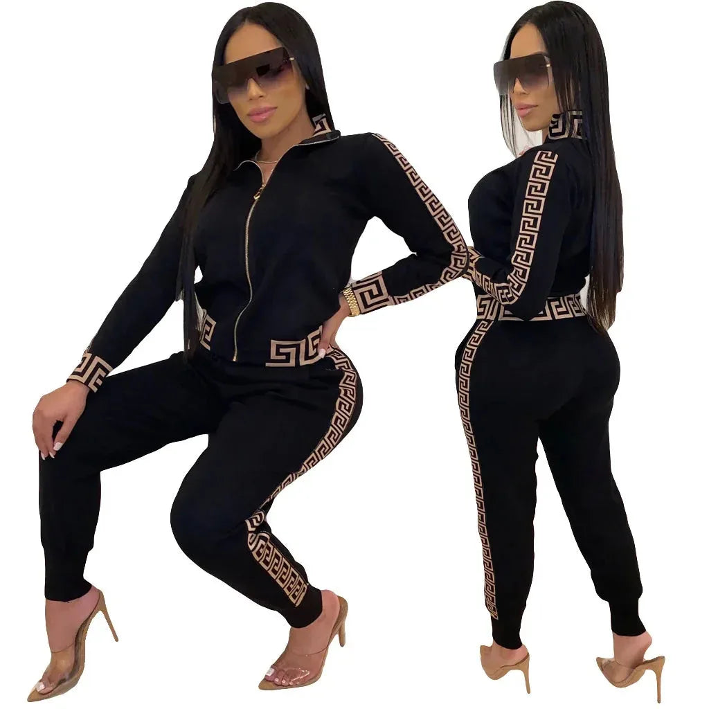 Y2K Greek Fret Print Tracksuit - Elegant 2-Piece Coat & Jogger Set (Plus Size Available) - Shello's Creative Boutique
