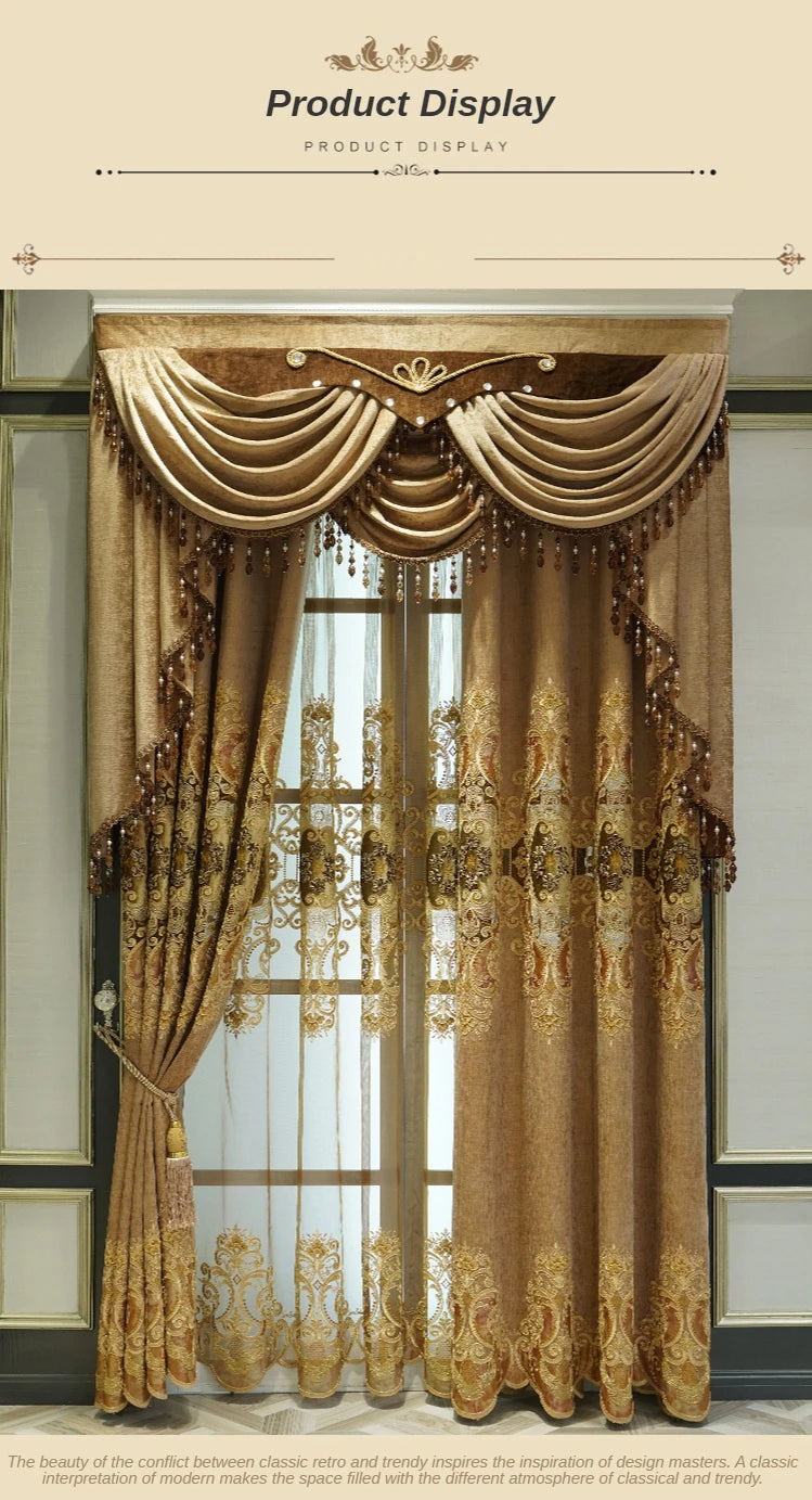 European Luxury Chenille Embroidered Curtains - Coffee Color Villa Valance for Living Room & Bedroom - Shello's Creative Boutique
