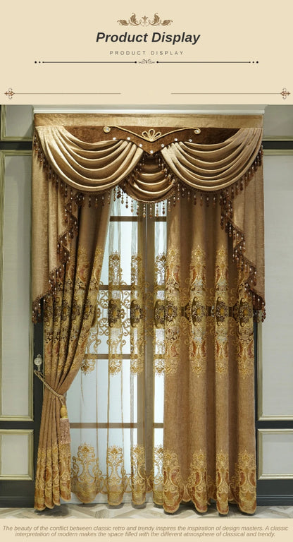European Luxury Chenille Embroidered Curtains - Coffee Color Villa Valance for Living Room & Bedroom - Shello's Creative Boutique
