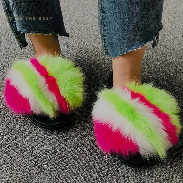 Women's Winter Fox Fur Slippers - Luxury Indoor Fluffy Slides