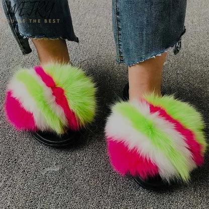 Women's Winter Fox Fur Slippers - Luxury Indoor Fluffy Slides