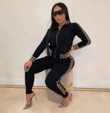 Y2K Greek Fret Print Tracksuit - Elegant 2-Piece Coat & Jogger Set (Plus Size Available) - Shello's Creative Boutique