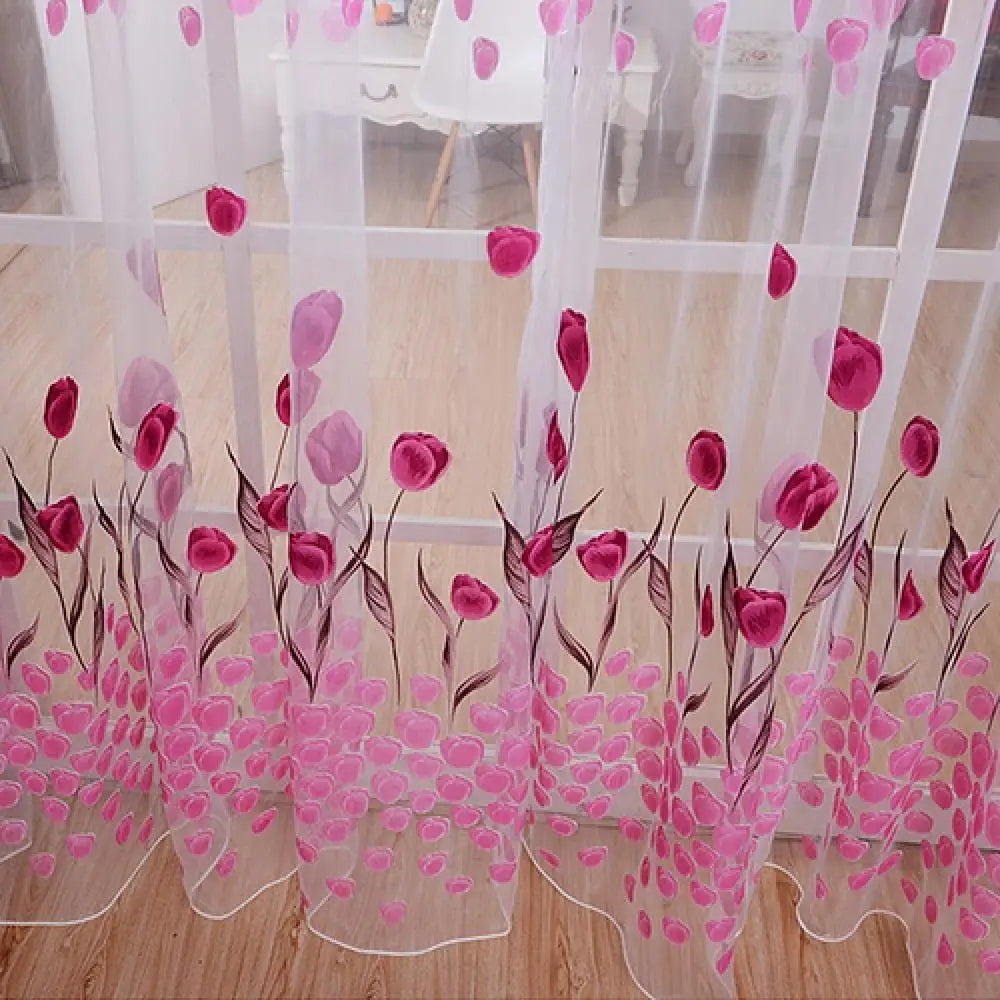 Romantic Tulip Print Voile Sheer Curtains - Window Drape Divider for Living Room & Bedroom - Shello's Creative Boutique