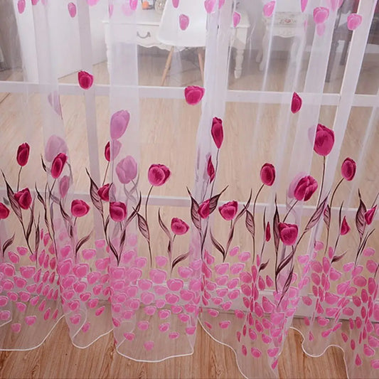 Romantic Tulip Print Voile Sheer Curtains - Window Drape Divider for Living Room & Bedroom - Shello's Creative Boutique