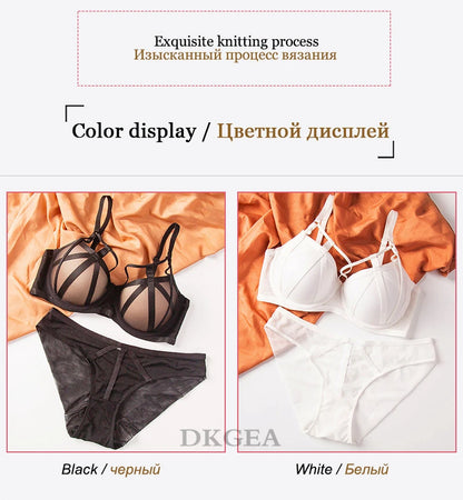 DKGEA Black Bandage Push-Up Bra & Brief Set – Sexy Deep V Floral Embroidered Lingerie for Women (B–D Cup, Sizes 70–95)