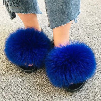 Women's Winter Fox Fur Slippers - Luxury Indoor Fluffy Slides - Shello's Creative Boutique