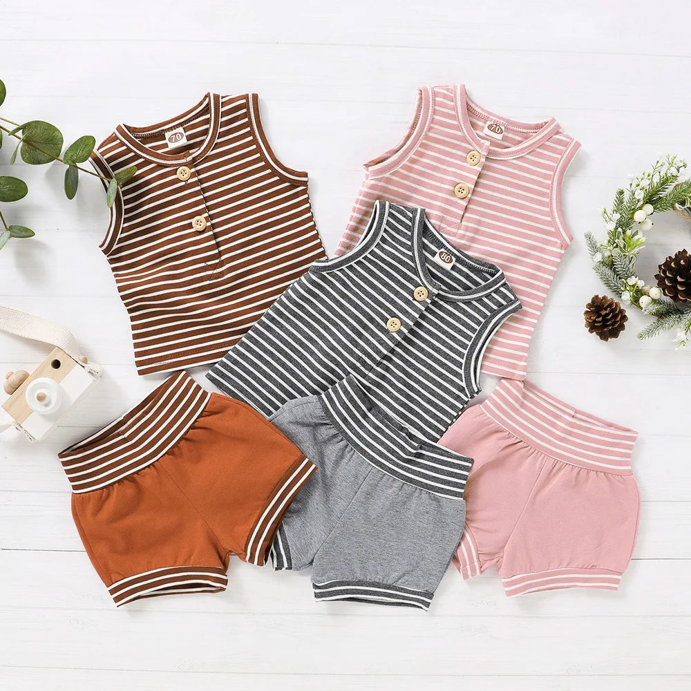 Summer Baby Shorts Set For Girls Boys Newborn Clothes 2Pcs Bottom Vest+Striped Shorts Sleeveless Toddler Boy Clothing Suit D30 eprolo