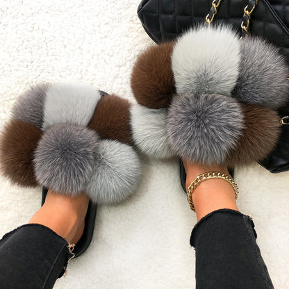Women's Real Fox Raccoon Fur Slippers - Fluffy Pom Pom Slides Beach Sandals