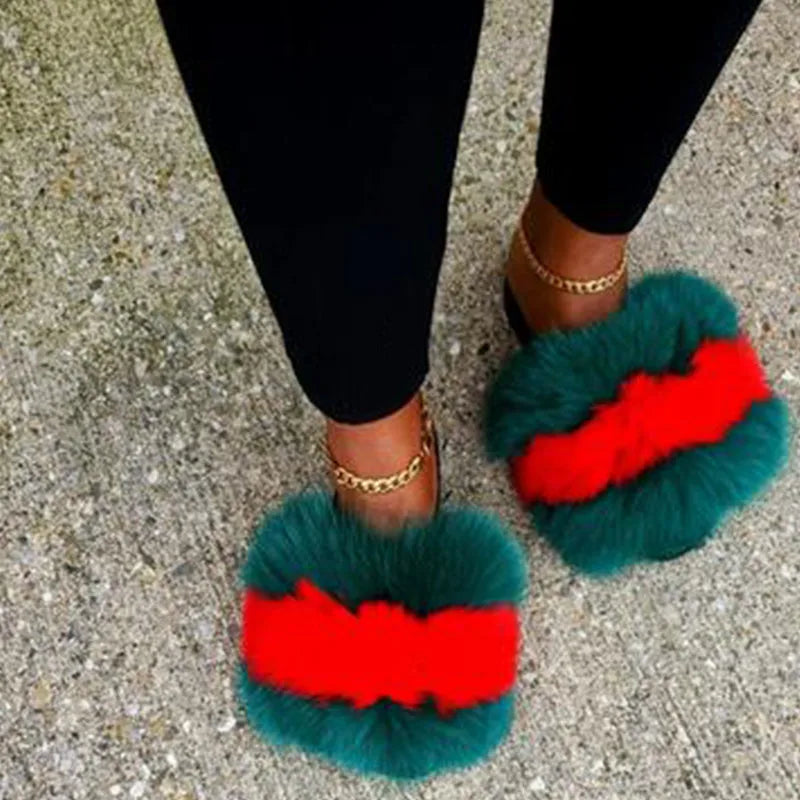 Women's Winter Fox Fur Slippers - Luxury Indoor Fluffy Slides