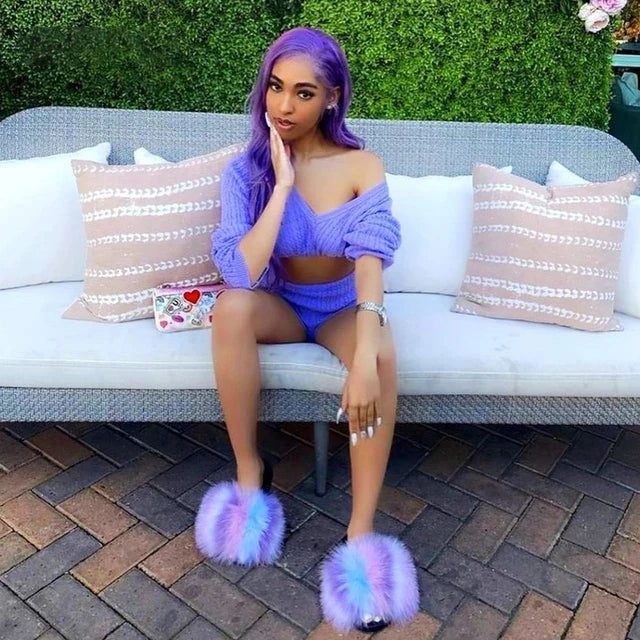 Women's Winter Fox Fur Slippers - Luxury Indoor Fluffy Slides