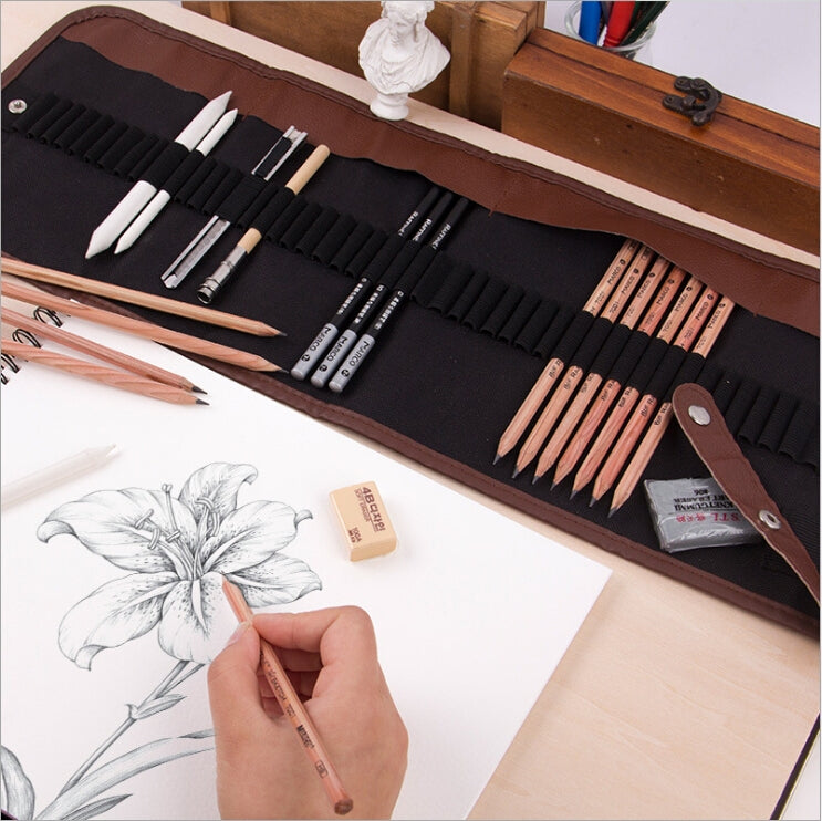 Beginner Sketching Tools (18 PCS Sketching Pencils + Charcoal Pencil + Erasers + Pen Curtain + Art Knife) Sketching Set, Sketching Set - Shello's Creative Boutique