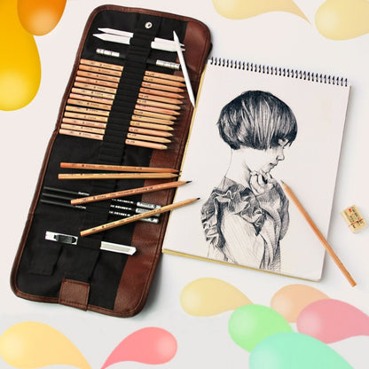 Beginner Sketching Tools (18 PCS Sketching Pencils + Charcoal Pencil + Erasers + Pen Curtain + Art Knife) Sketching Set, Sketching Set - Shello's Creative Boutique
