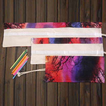 48 Slots Sunset Tree Print Pen Bag Canvas Pencil Wrap Curtain Roll Up Pencil Case Stationery Pouch