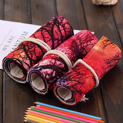 48 Slots Sunset Tree Print Pen Bag Canvas Pencil Wrap Curtain Roll Up Pencil Case Stationery Pouch