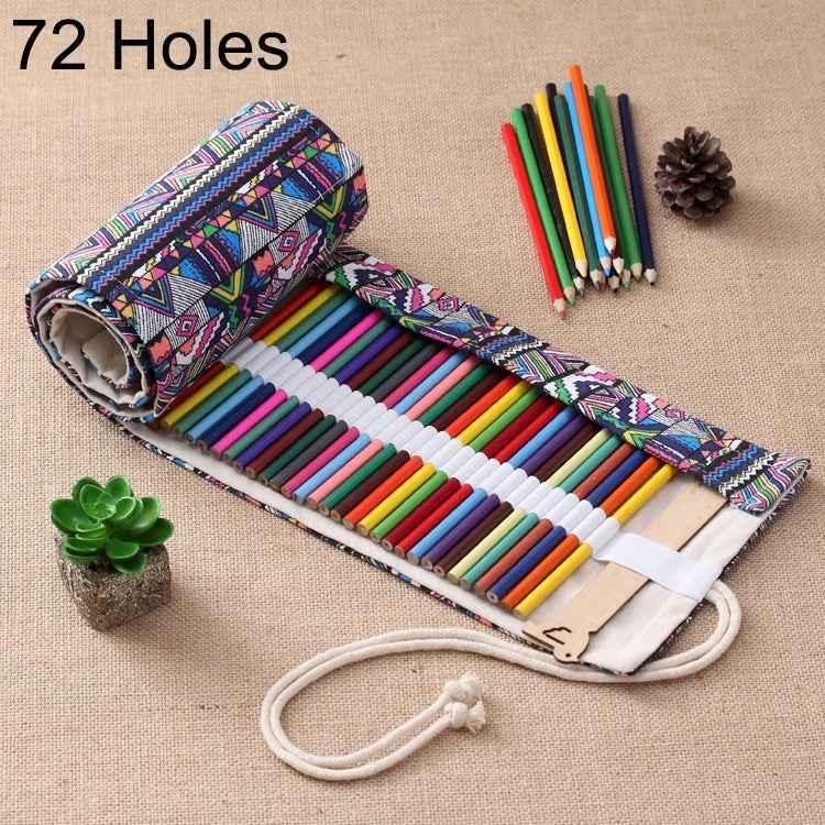 72 Slots Ethnic Print Pen Bag Canvas Pencil Wrap Curtain Roll Up Pencil Case Stationery Pouch - Shello's Creative Boutique