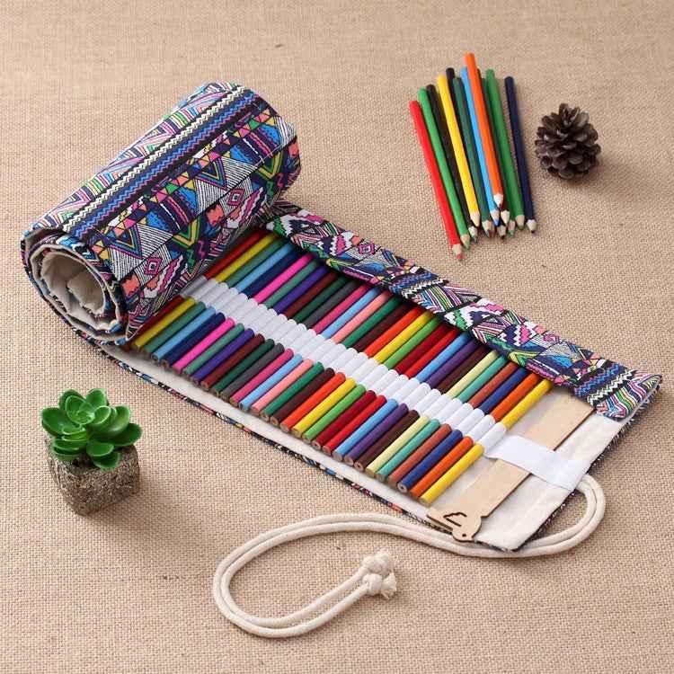 72 Slots Ethnic Print Pen Bag Canvas Pencil Wrap Curtain Roll Up Pencil Case Stationery Pouch - Shello's Creative Boutique