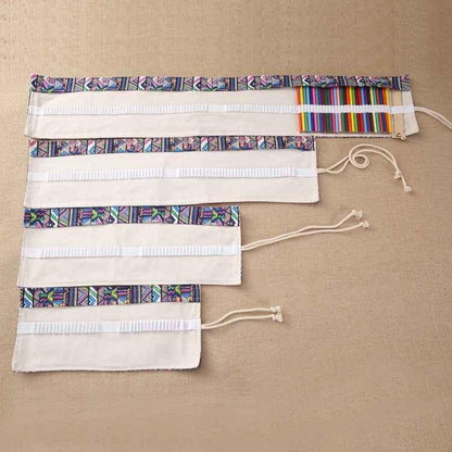 72 Slots Ethnic Print Pen Bag Canvas Pencil Wrap Curtain Roll Up Pencil Case Stationery Pouch - Shello's Creative Boutique