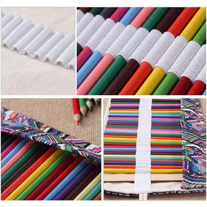 72 Slots Ethnic Print Pen Bag Canvas Pencil Wrap Curtain Roll Up Pencil Case Stationery Pouch - Shello's Creative Boutique