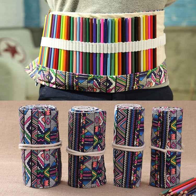 72 Slots Ethnic Print Pen Bag Canvas Pencil Wrap Curtain Roll Up Pencil Case Stationery Pouch - Shello's Creative Boutique