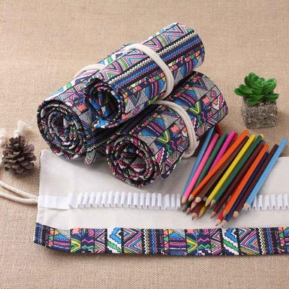 72 Slots Ethnic Print Pen Bag Canvas Pencil Wrap Curtain Roll Up Pencil Case Stationery Pouch - Shello's Creative Boutique