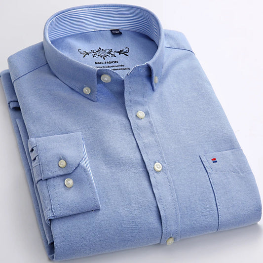 Men's Long Sleeve Oxford Plaid Striped Casual Shirt Front Patch Chest Pocket Regular-fit Button-down Collar Thick Work Shirts eprolo