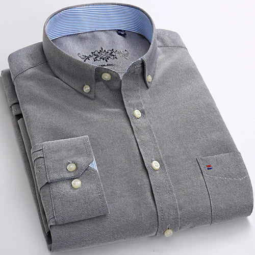 Men's Long Sleeve Oxford Plaid Striped Casual Shirt Front Patch Chest Pocket Regular-fit Button-down Collar Thick Work Shirts eprolo