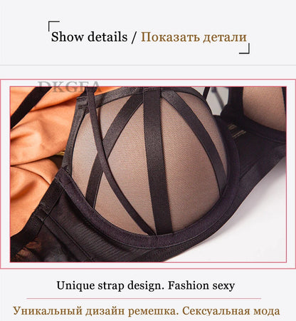 DKGEA Black Bandage Push-Up Bra & Brief Set – Sexy Deep V Floral Embroidered Lingerie for Women (B–D Cup, Sizes 70–95)