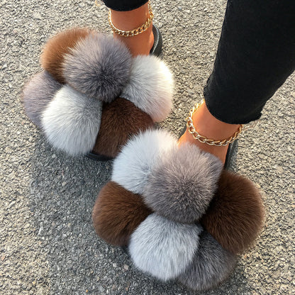 Women's Real Fox Raccoon Fur Slippers - Fluffy Pom Pom Slides Beach Sandals
