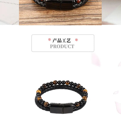 Men's Magnetic Volcanic Stone & Leather Charm Bracelet – Stainless Steel Beaded Bangle
