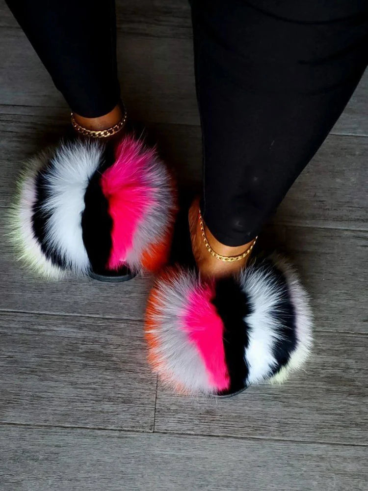 Women's Luxury Fluffy Fur Slippers - Indoor Warm Plush Flip Flops
