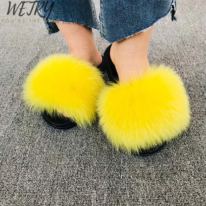 Women's Winter Fox Fur Slippers - Luxury Indoor Fluffy Slides