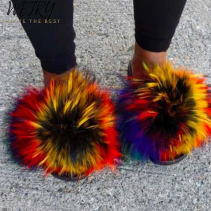 Women's Winter Fox Fur Slippers - Luxury Indoor Fluffy Slides
